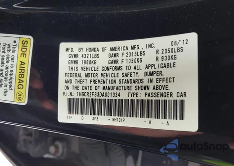 2013 Honda Accord Ex-L z USA, uszkodzony, nr VIN 1HGCR2F83DA001334